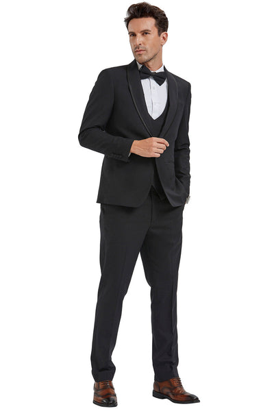Men's One Button Vested Shawl Tuxedo in Black Birdseye