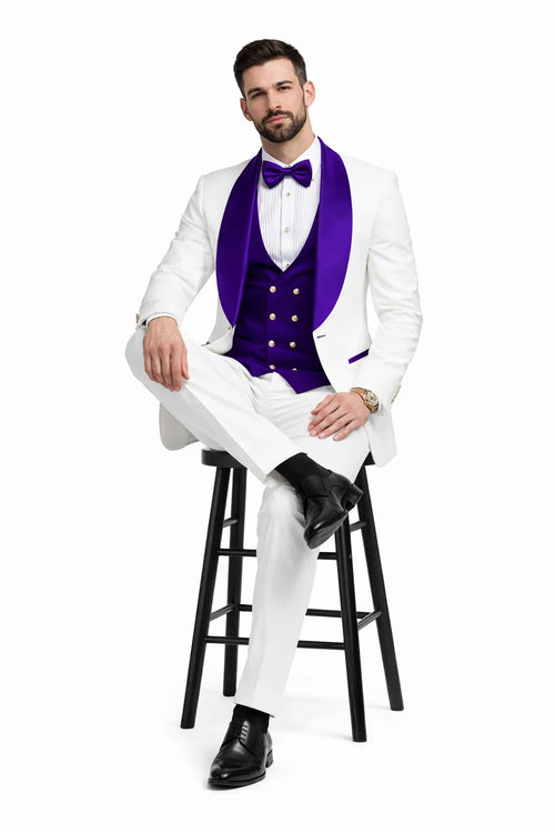 Wedding Tuxedo - Groom Suit - White And Purple Prom Suit