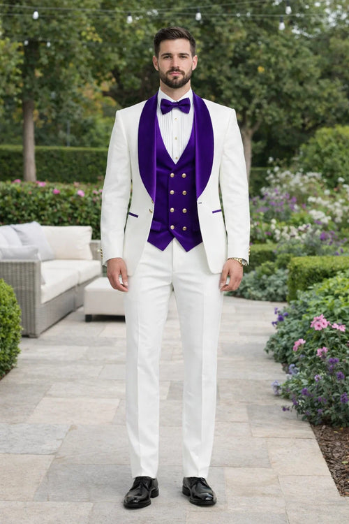 Wedding Tuxedo - Groom Suit - White And Purple Prom Suit