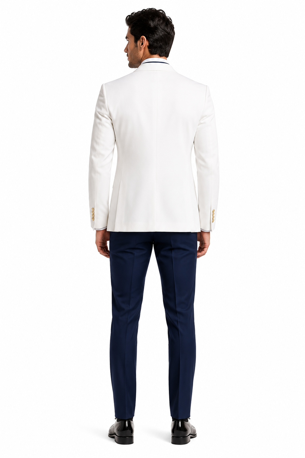 White and Navy Blue Tuxedo Wedding Suit - White Dinner Jacket + Vest + Pants + Bow-tie by USA Men's Outlet