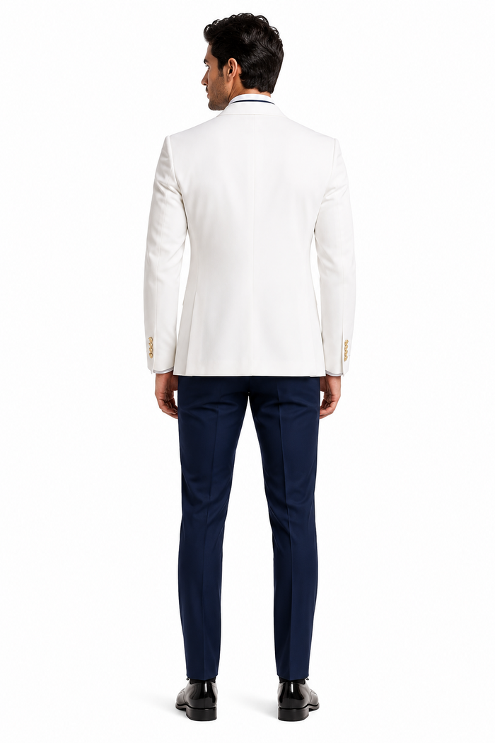 White and Navy Blue Tuxedo Wedding Suit - White Dinner Jacket + Vest + Pants + Bow-tie by USA Men's Outlet