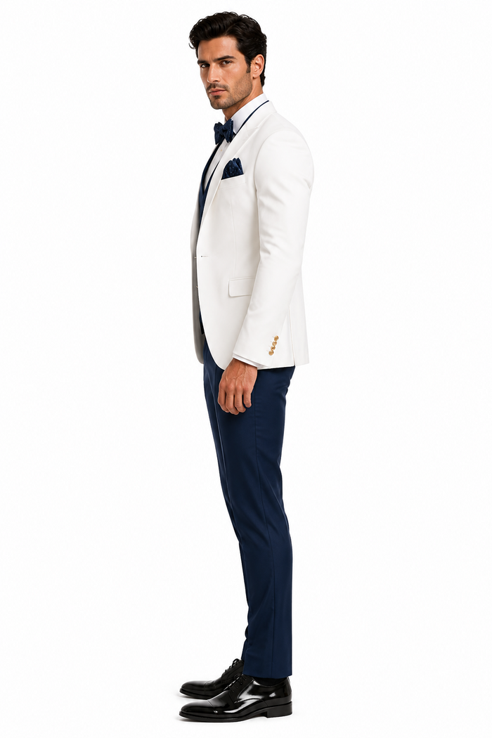 White and Navy Blue Tuxedo Wedding Suit - White Dinner Jacket + Vest + Pants + Bow-tie by USA Men's Outlet