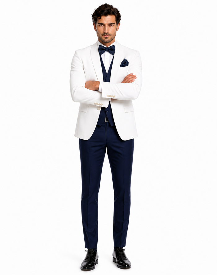 White and Navy Blue Tuxedo Wedding Suit - White Dinner Jacket + Vest + Pants + Bow-tie by USA Men's Outlet
