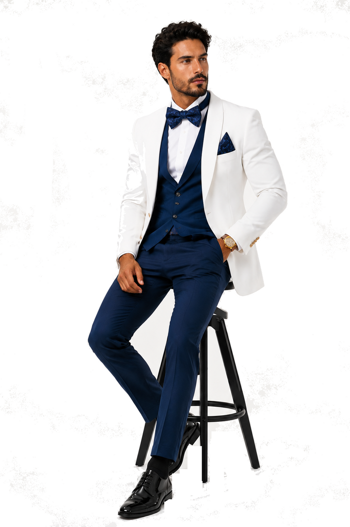 White and Navy Blue Tuxedo Wedding Suit - White Dinner Jacket + Vest + Pants + Bow-tie by USA Men's Outlet