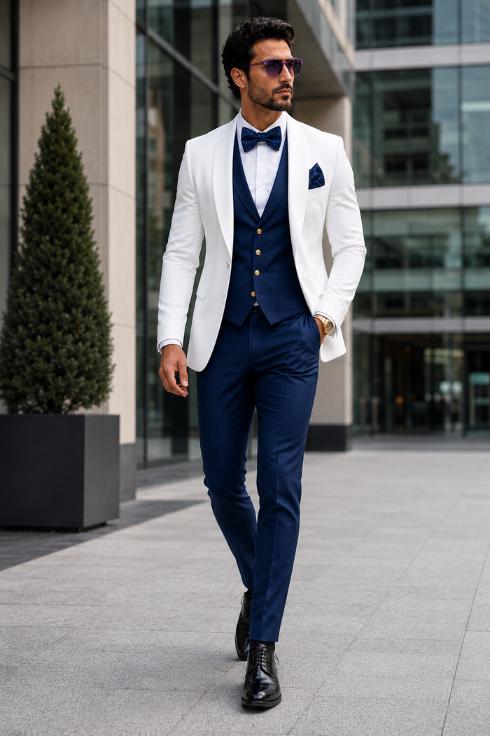 White and Navy Blue Tuxedo Wedding Suit - White Dinner Jacket + Vest + Pants + Bow-tie by USA Men's Outlet