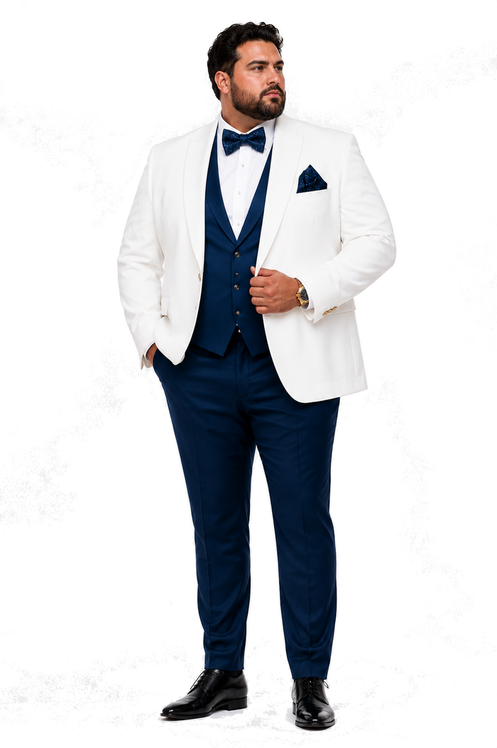White and Navy Blue Tuxedo Wedding Suit - White Dinner Jacket + Vest + Pants + Bow-tie by USA Men's Outlet