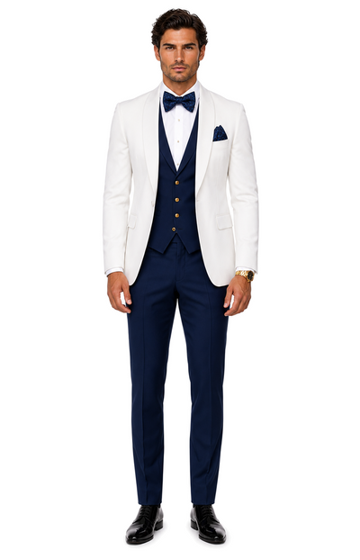 White and Navy Blue Tuxedo Wedding Suit - White Dinner Jacket + Vest + Pants + Bow-tie by USA Men's Outlet
