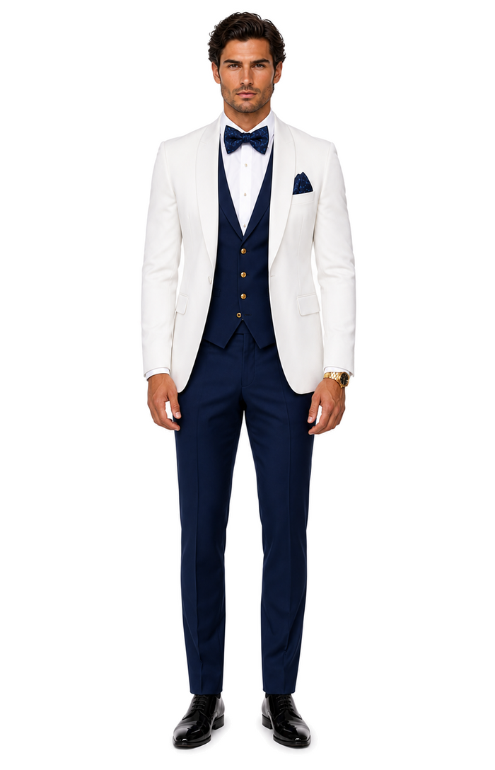 White and Navy Blue Tuxedo Wedding Suit - White Dinner Jacket + Vest + Pants + Bow-tie by USA Men's Outlet