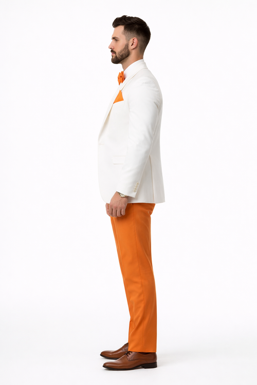 White and Orange Tuxedo Wedding Suit - White Dinner Jacket + Vest + Pants + Bow-tie