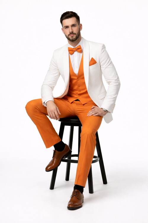 White and Orange Tuxedo Wedding Suit - White Dinner Jacket + Vest + Pants + Bow-tie
