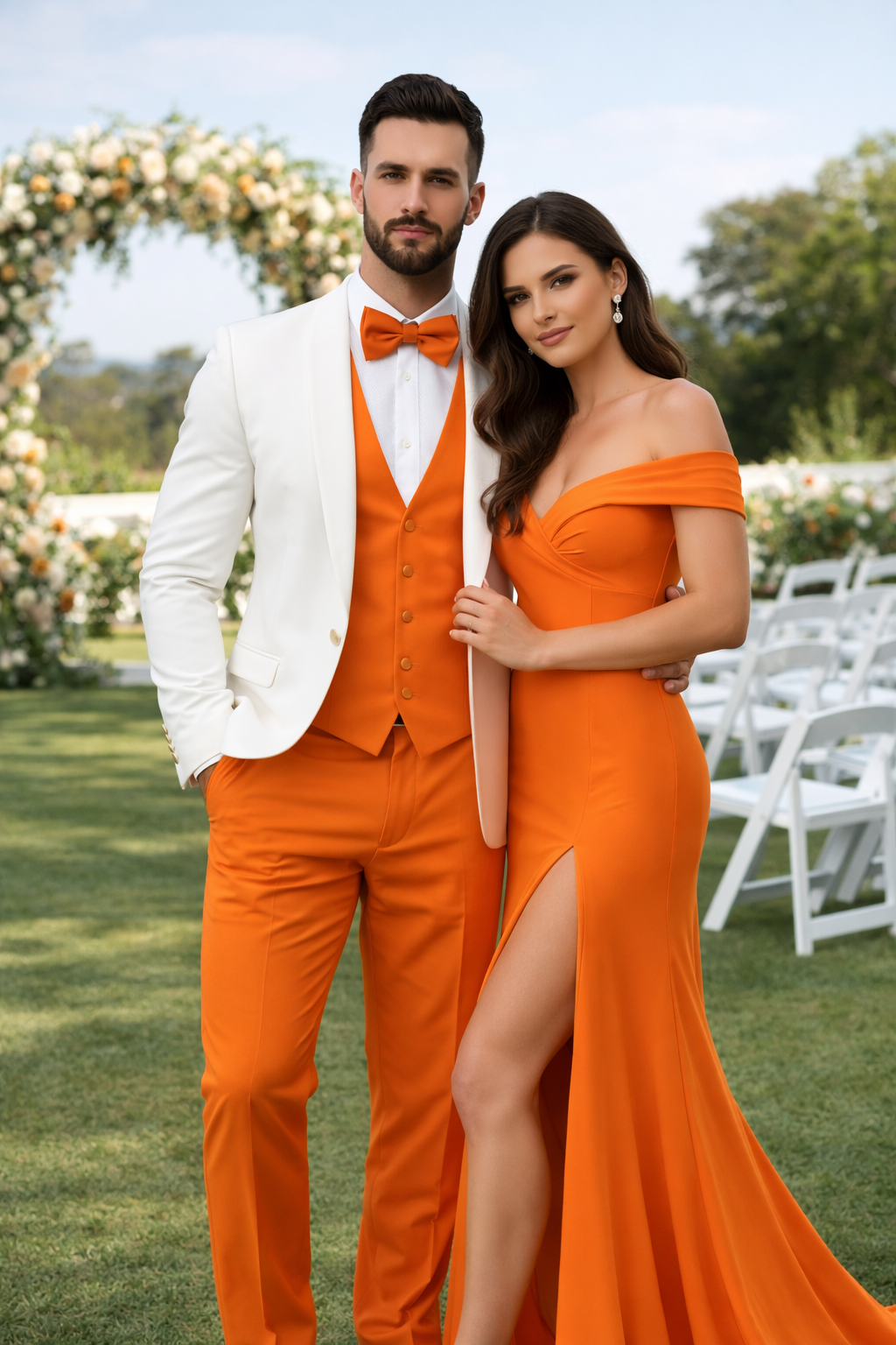 White and Orange Tuxedo Wedding Suit - White Dinner Jacket + Vest + Pants + Bow-tie