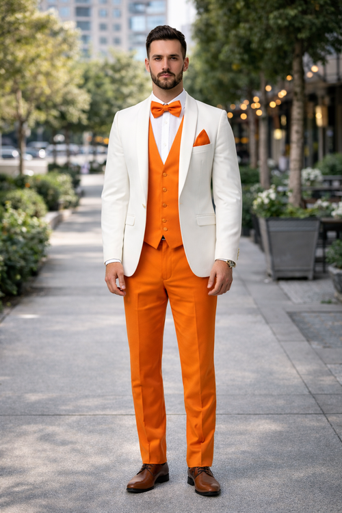 White and Orange Tuxedo Wedding Suit - White Dinner Jacket + Vest + Pants + Bow-tie