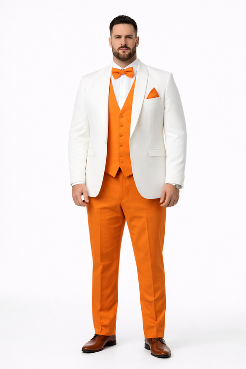 White and Orange Tuxedo Wedding Suit - White Dinner Jacket + Vest + Pants + Bow-tie