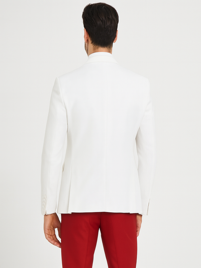 White and Red Tuxedo Wedding Suit - White Dinner Jacket + Vest + Pants + Bow-tie