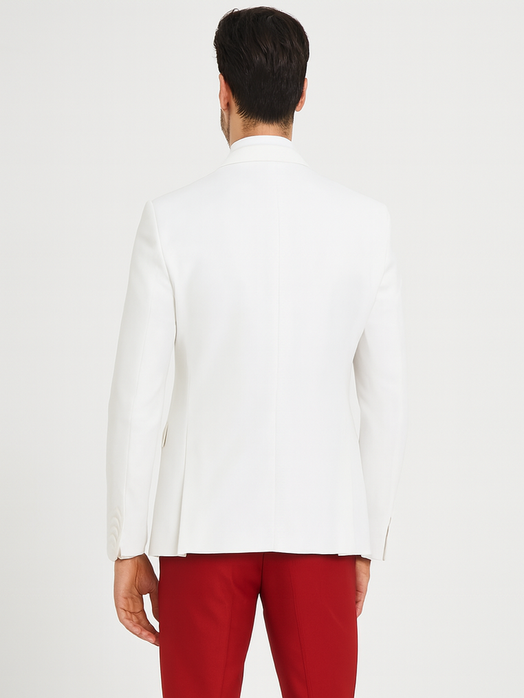 White and Red Tuxedo Wedding Suit - White Dinner Jacket + Vest + Pants + Bow-tie