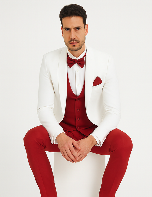 White and Red Tuxedo Wedding Suit - White Dinner Jacket + Vest + Pants + Bow-tie