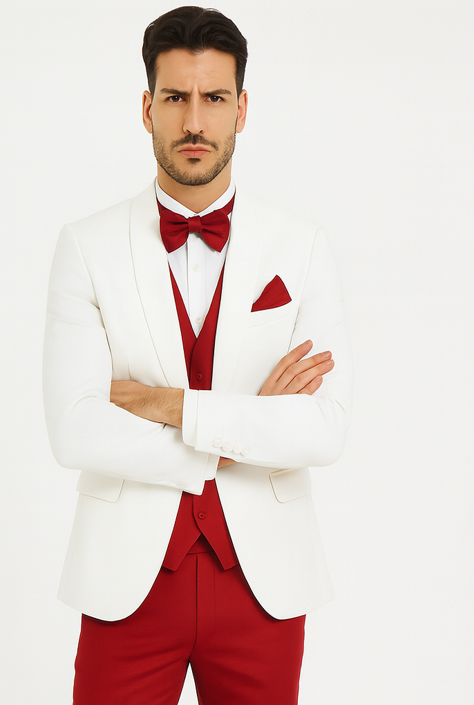 White and Red Tuxedo Wedding Suit - White Dinner Jacket + Vest + Pants + Bow-tie