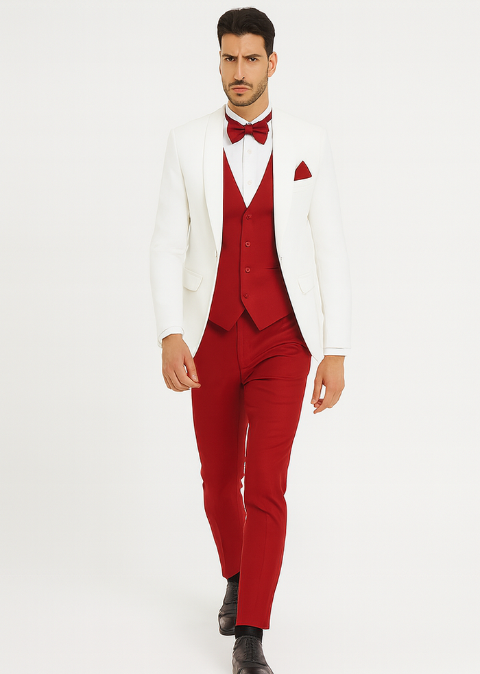 White and Red Tuxedo Wedding Suit - White Dinner Jacket + Vest + Pants + Bow-tie by USA Men's Outlet