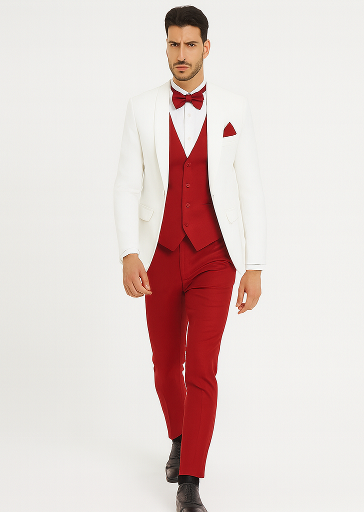 White and Red Tuxedo Wedding Suit - White Dinner Jacket + Vest + Pants + Bow-tie
