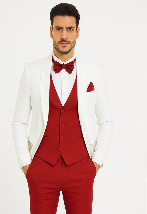 White and Red Tuxedo Wedding Suit - White Dinner Jacket + Vest + Pants + Bow-tie