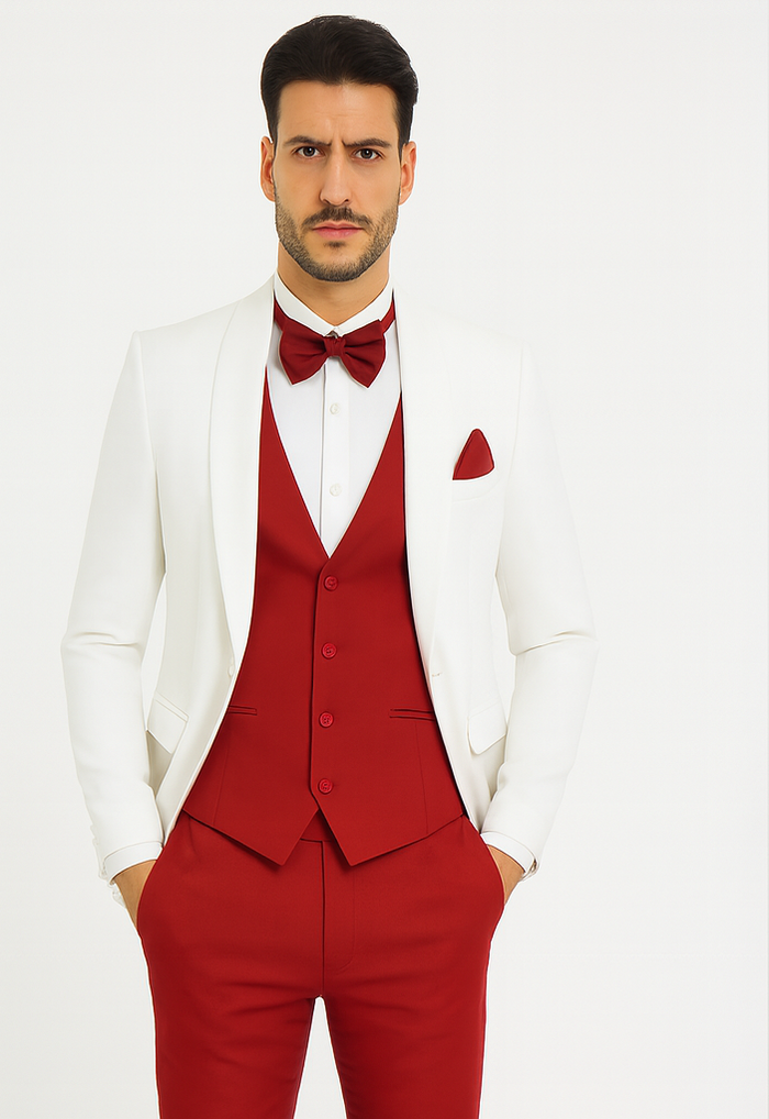 White and Red Tuxedo Wedding Suit - White Dinner Jacket + Vest + Pants + Bow-tie by USA Men's Outlet