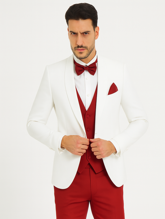 White and Red Tuxedo Wedding Suit - White Dinner Jacket + Vest + Pants + Bow-tie by USA Men's Outlet