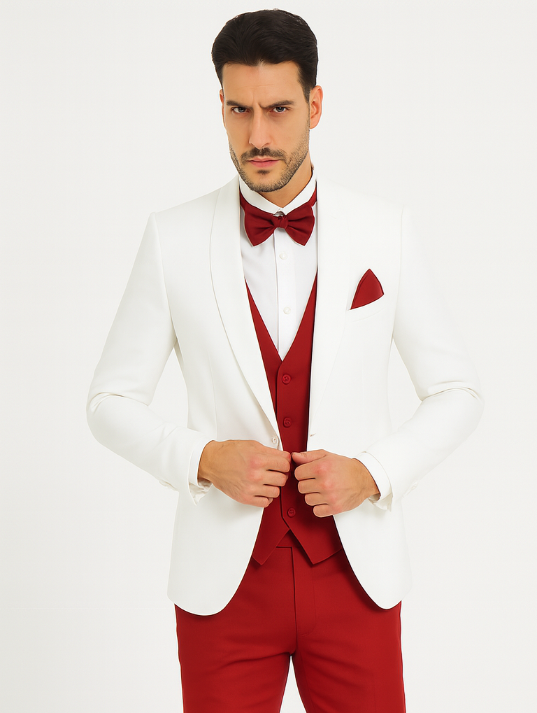 White and Red Tuxedo Wedding Suit - White Dinner Jacket + Vest + Pants + Bow-tie
