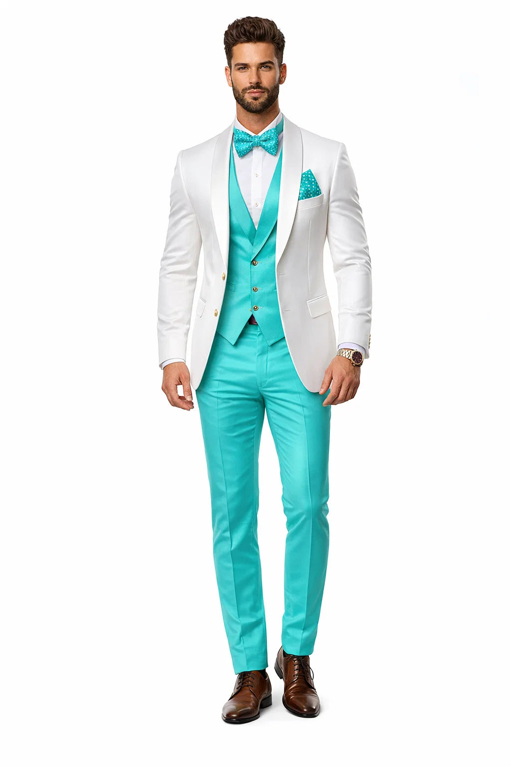 White and Turquoise Tuxedo Wedding Suit - White Dinner Jacket + Vest + Pants + Bow-tie