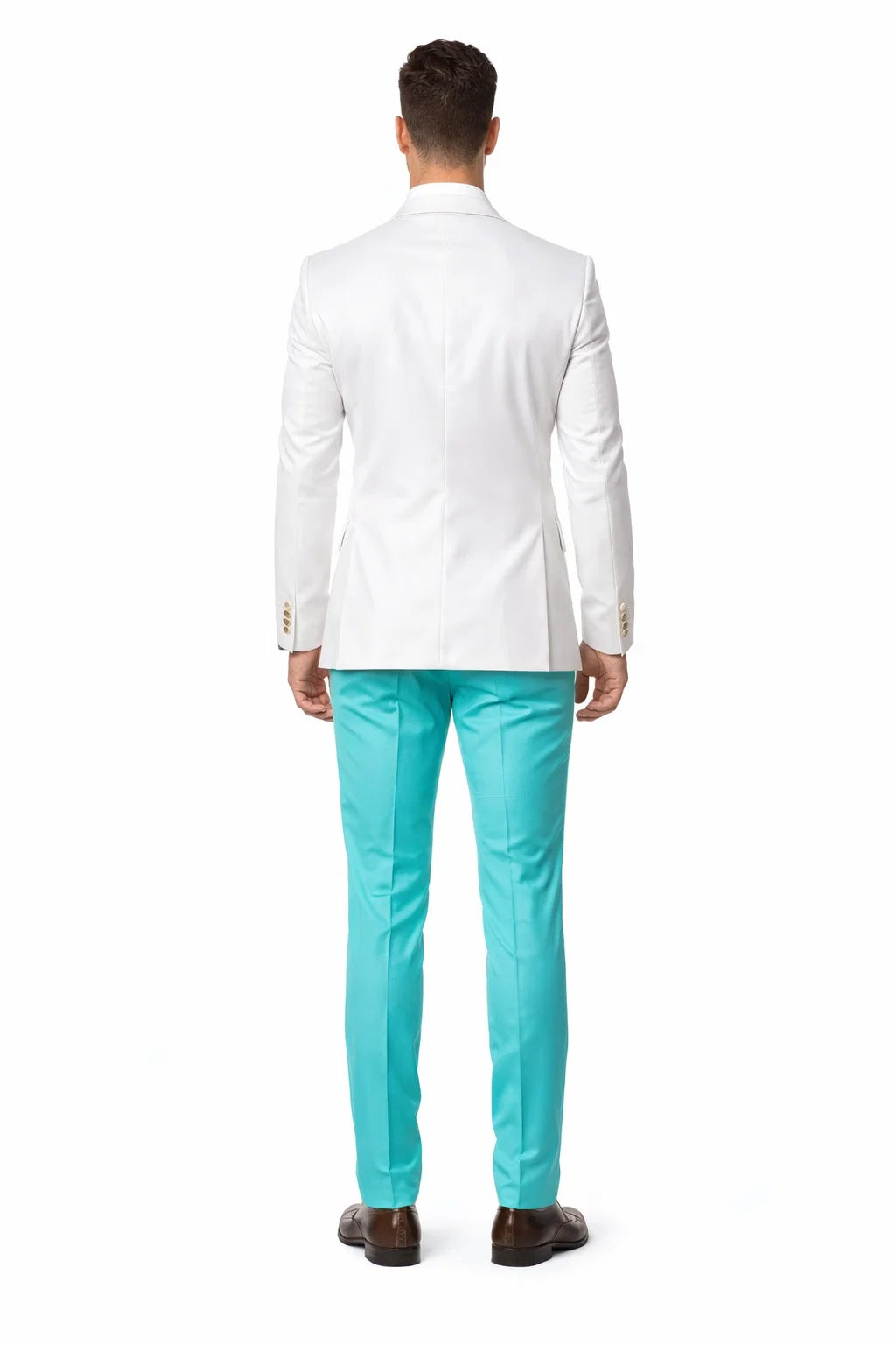 White and Turquoise Tuxedo Wedding Suit - White Dinner Jacket + Vest + Pants + Bow-tie