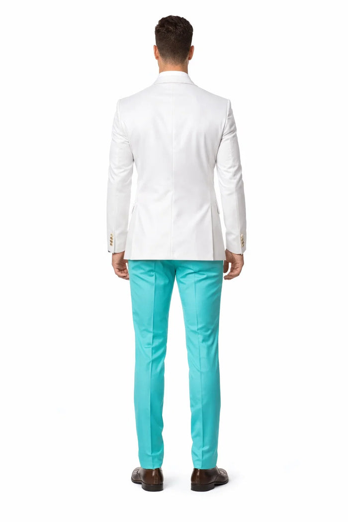 White and Turquoise Tuxedo Wedding Suit - White Dinner Jacket + Vest + Pants + Bow-tie by USA Men's Outlet