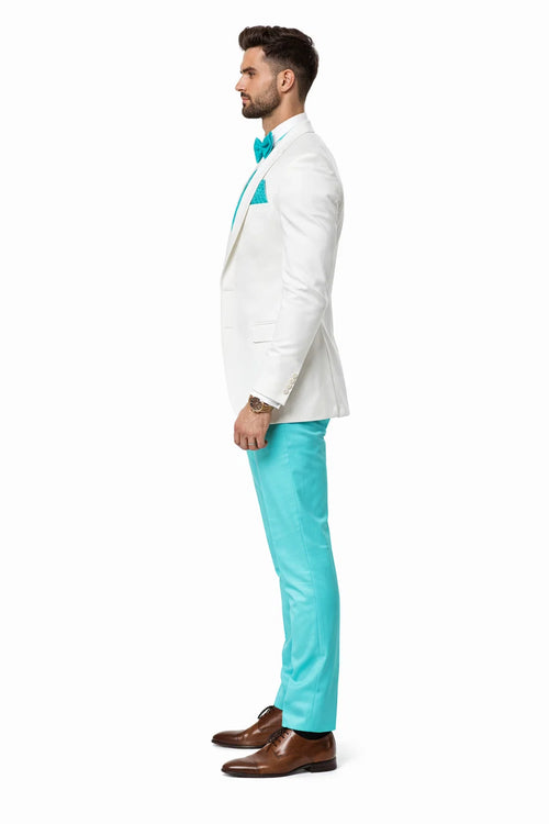 White and Turquoise Tuxedo Wedding Suit - White Dinner Jacket + Vest + Pants + Bow-tie