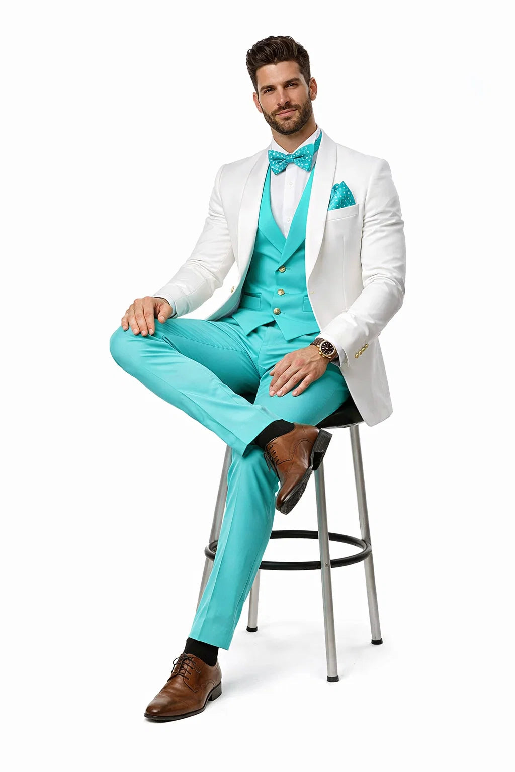 White and Turquoise Tuxedo Wedding Suit - White Dinner Jacket + Vest + Pants + Bow-tie