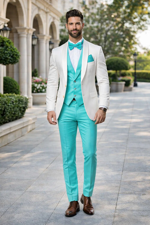 White and Turquoise Tuxedo Wedding Suit - White Dinner Jacket + Vest + Pants + Bow-tie