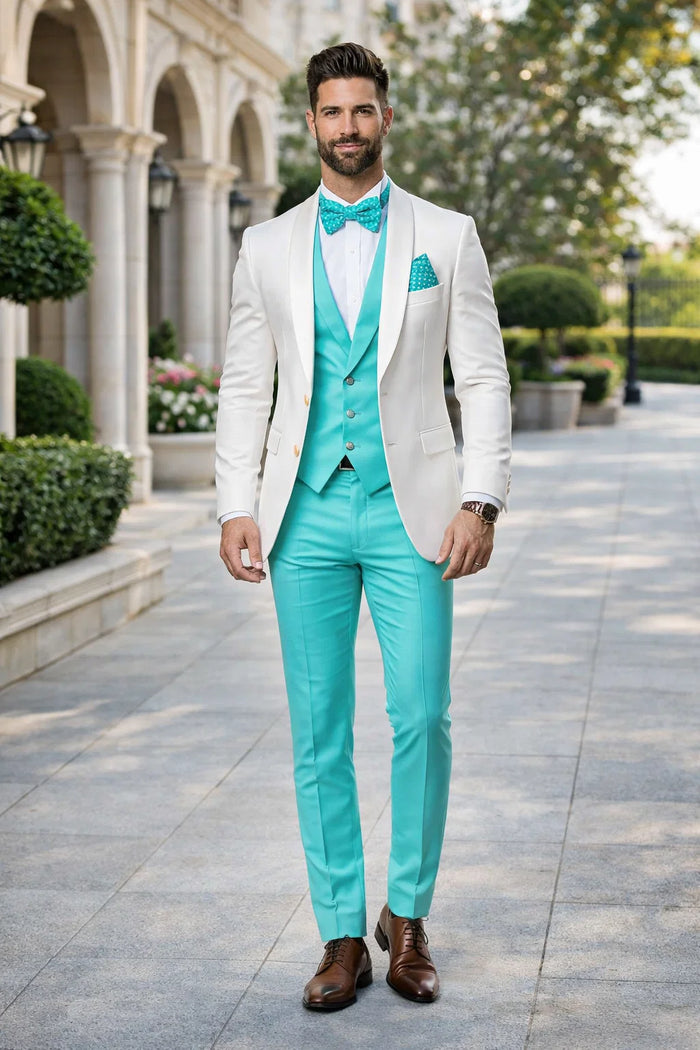 White and Turquoise Tuxedo Wedding Suit - White Dinner Jacket + Vest + Pants + Bow-tie by USA Men's Outlet