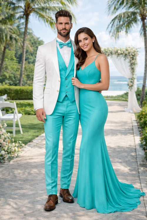 White and Turquoise Tuxedo Wedding Suit - White Dinner Jacket + Vest + Pants + Bow-tie