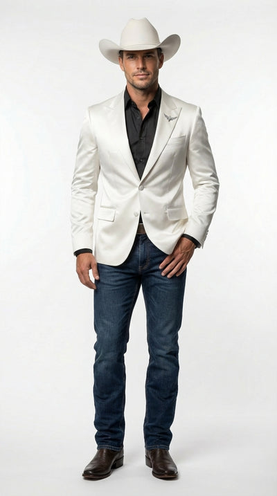 Men’s Shiny White Cowboy Blazer – Western Style Satin Finish Blazer for Party, Country Events and Evening Wear