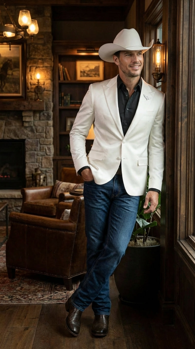 Men’s Shiny White Cowboy Blazer – Western Style Satin Finish Blazer for Party, Country Events and Evening Wear