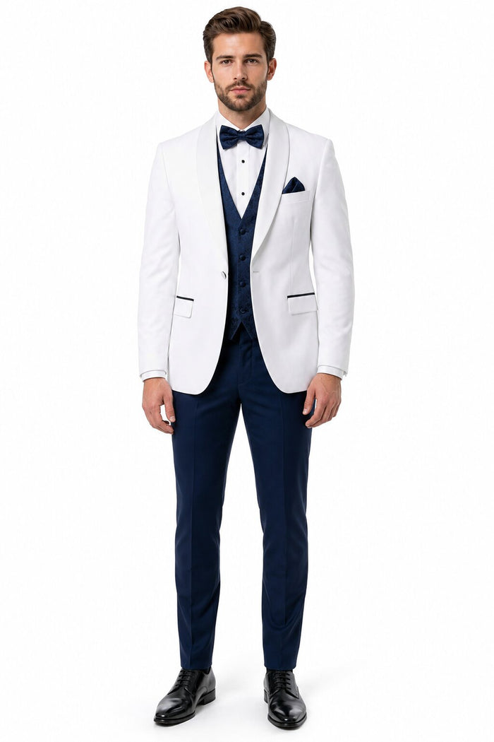 White and Navy Blue Tuxedo Wedding Suit - White Dinner Jacket + Vest + Pants + Bow-tie by USA Men's Outlet