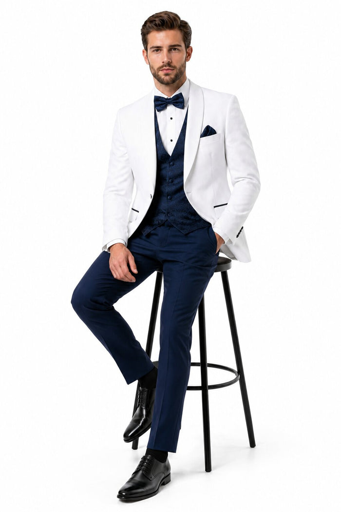 White and Navy Blue Tuxedo Wedding Suit - White Dinner Jacket + Vest + Pants + Bow-tie by USA Men's Outlet