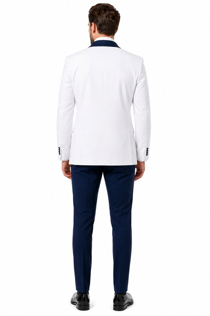 White and Navy Blue Tuxedo Wedding Suit - White Dinner Jacket + Vest + Pants + Bow-tie by USA Men's Outlet