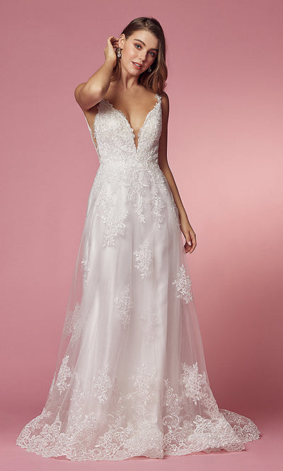 Nox Anabel Long White Ball Gown with Lace Applique
