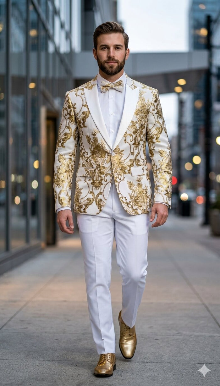 Mens White and Gold Floral Tuxedo Jacket with Satin Lapel - Luxury Prom, Wedding and Formal Dinner Blazer by USA Men's Outlet