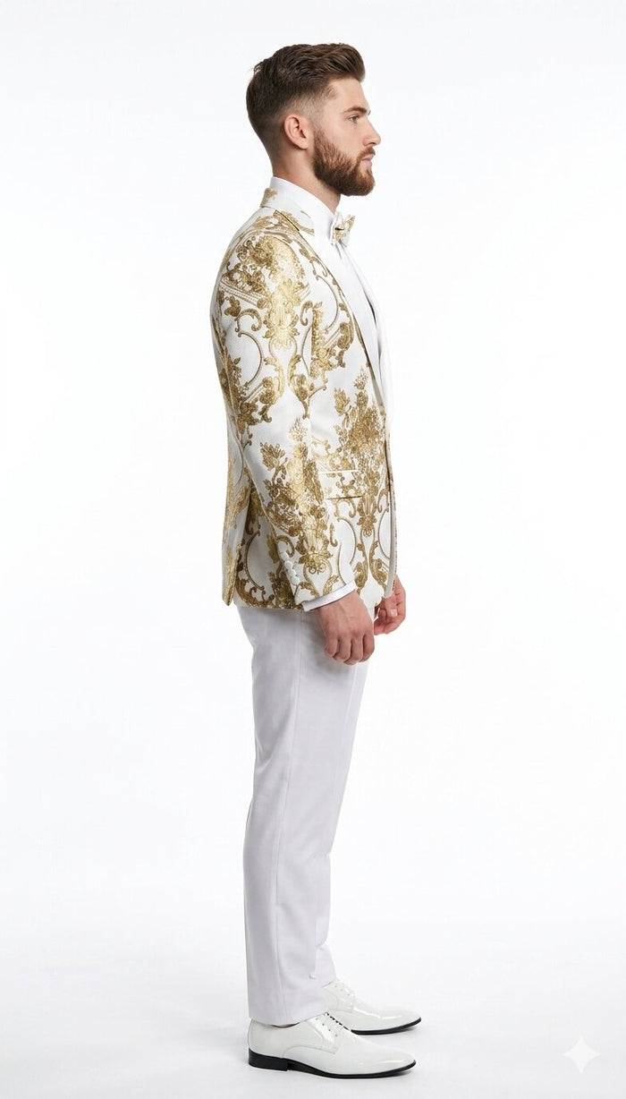 Mens White and Gold Floral Tuxedo Jacket with Satin Lapel - Luxury Prom, Wedding and Formal Dinner Blazer by USA Men's Outlet
