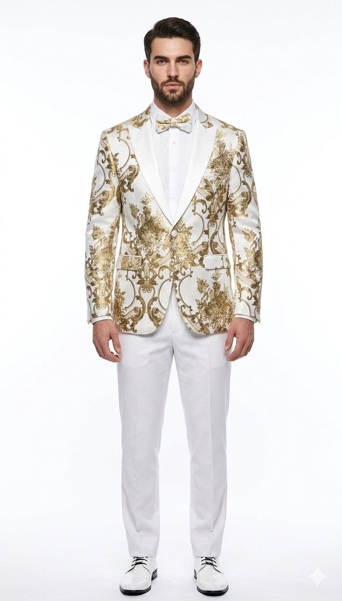 Mens White and Gold Floral Tuxedo Jacket with Satin Lapel - Luxury Prom, Wedding and Formal Dinner Blazer by USA Men's Outlet