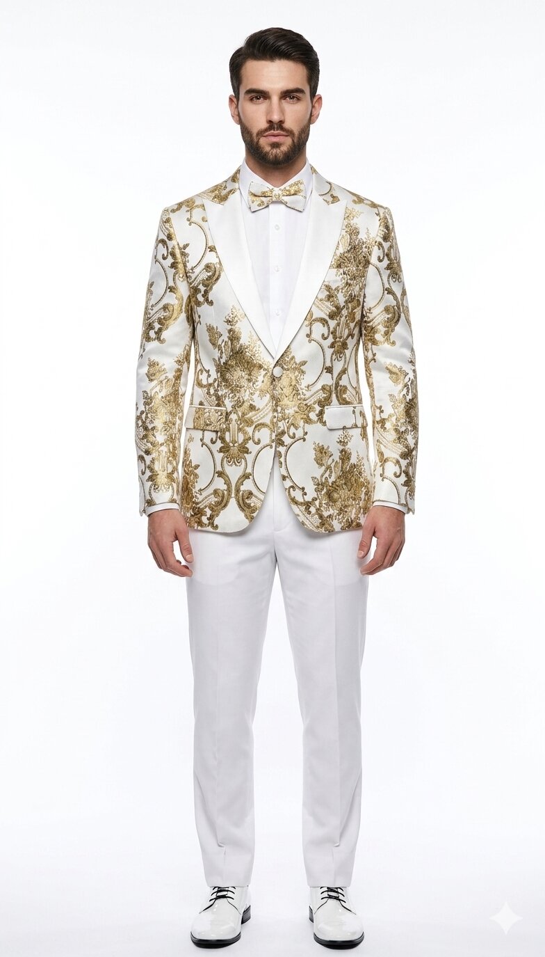 Mens White and Gold Floral Tuxedo Jacket with Satin Lapel - Luxury Prom, Wedding and Formal Dinner Blazer by USA Men's Outlet