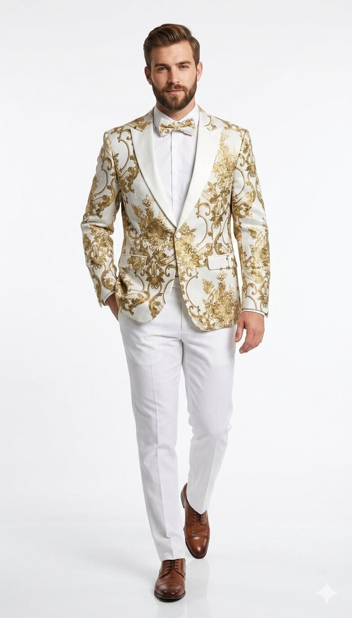 Mens White and Gold Floral Tuxedo Jacket with Satin Lapel - Luxury Prom, Wedding and Formal Dinner Blazer by USA Men's Outlet