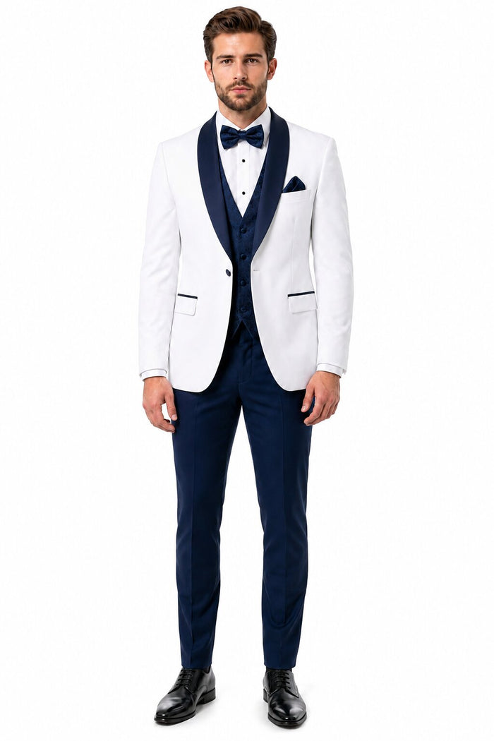 White and Navy Blue Tuxedo Wedding Suit - White Dinner Jacket + Vest + Pants + Bow-tie by USA Men's Outlet