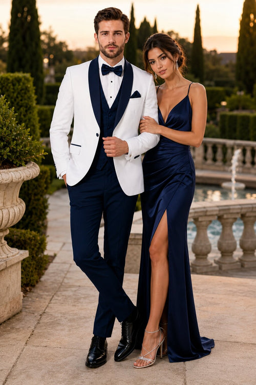 White and Navy Blue Tuxedo Wedding Suit - White Dinner Jacket + Vest + Pants + Bow-tie by USA Men's Outlet