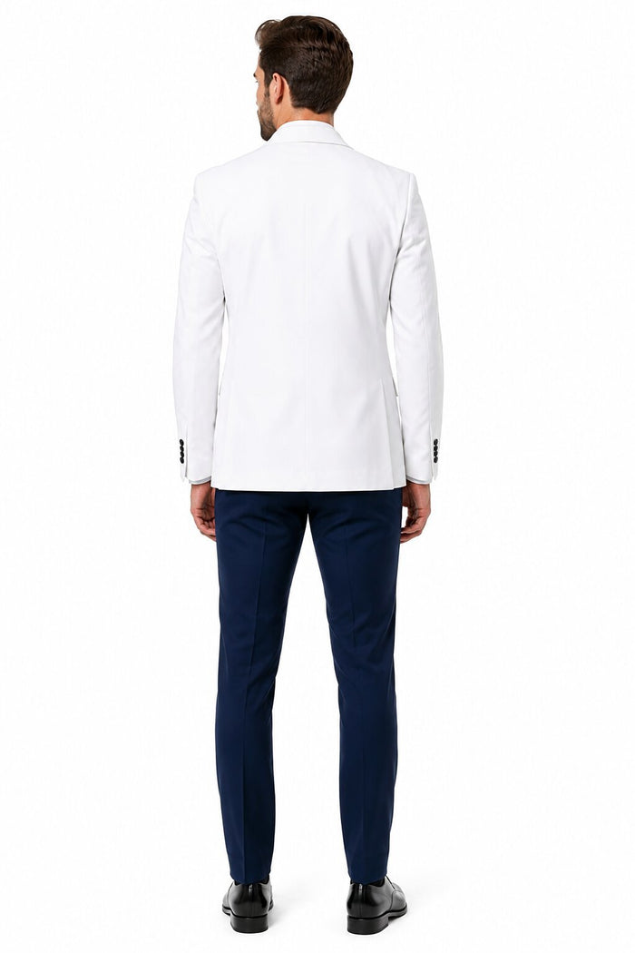 White and Navy Blue Tuxedo Wedding Suit - White Dinner Jacket + Vest + Pants + Bow-tie by USA Men's Outlet