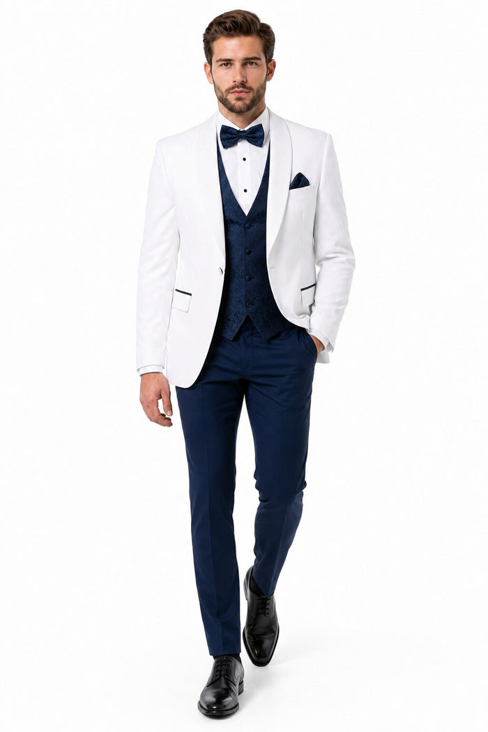 White and Navy Blue Tuxedo Wedding Suit - White Dinner Jacket + Vest + Pants + Bow-tie by USA Men's Outlet